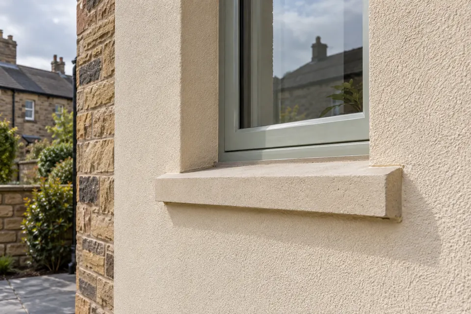 Illustrative close view of textured render at a window and projecting sill