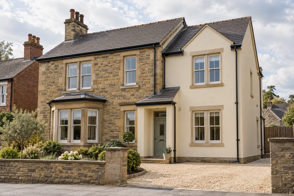 Illustrative rendered house with coordinated windows and exterior details