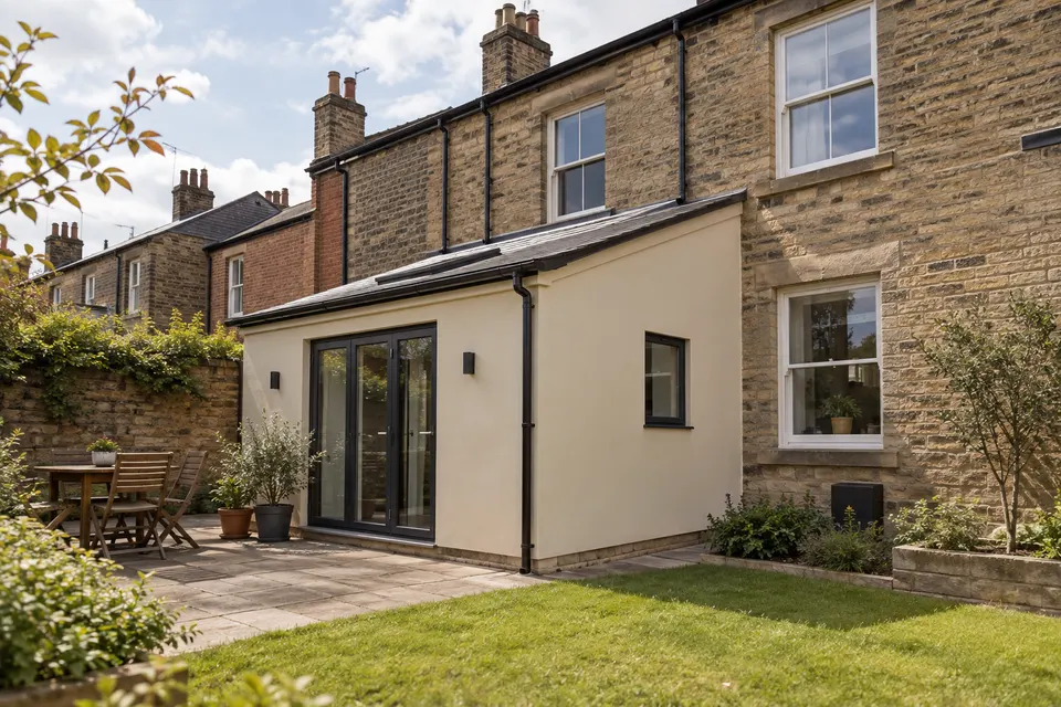 Illustrative property showing how a rendered elevation meets existing materials